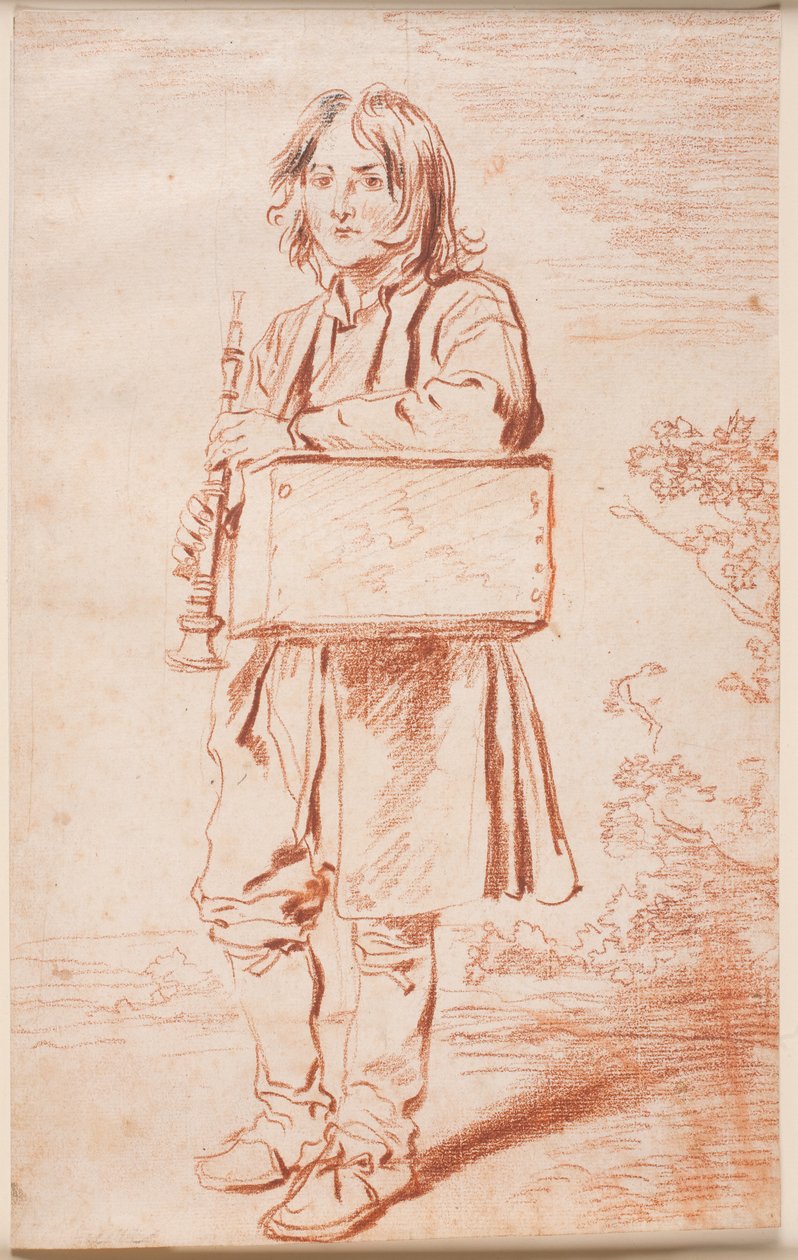 Nuori Savoyard. Täysi vartalo kasvoilla v.v., seisoo, olkapäällä roikkuu laatikko murmeli kanssa, kädessään hän pitää huilua tekijältä Antoine Watteau