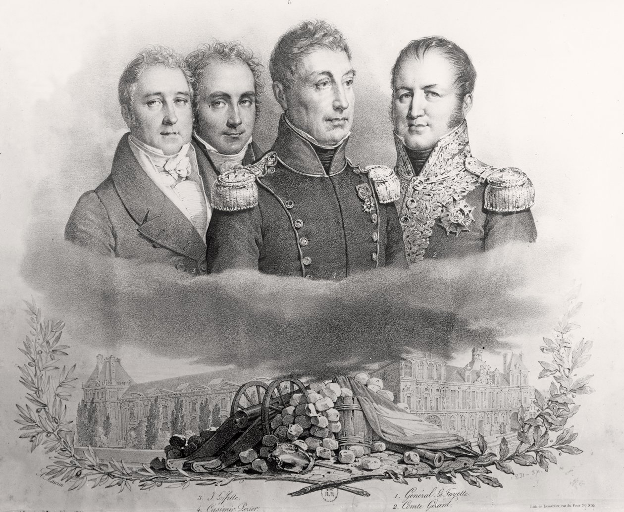 Väliaikainen hallitus 29. heinäkuuta 1830. L to R: Jacques Lafitte (1767-1844), Casimir Perier (1777-1832), kenraali Lafayette (1757-1834) ja kreivi Etienne Maurice Gerard (1773-1852) 1831 tekijältä Antoine Maurin