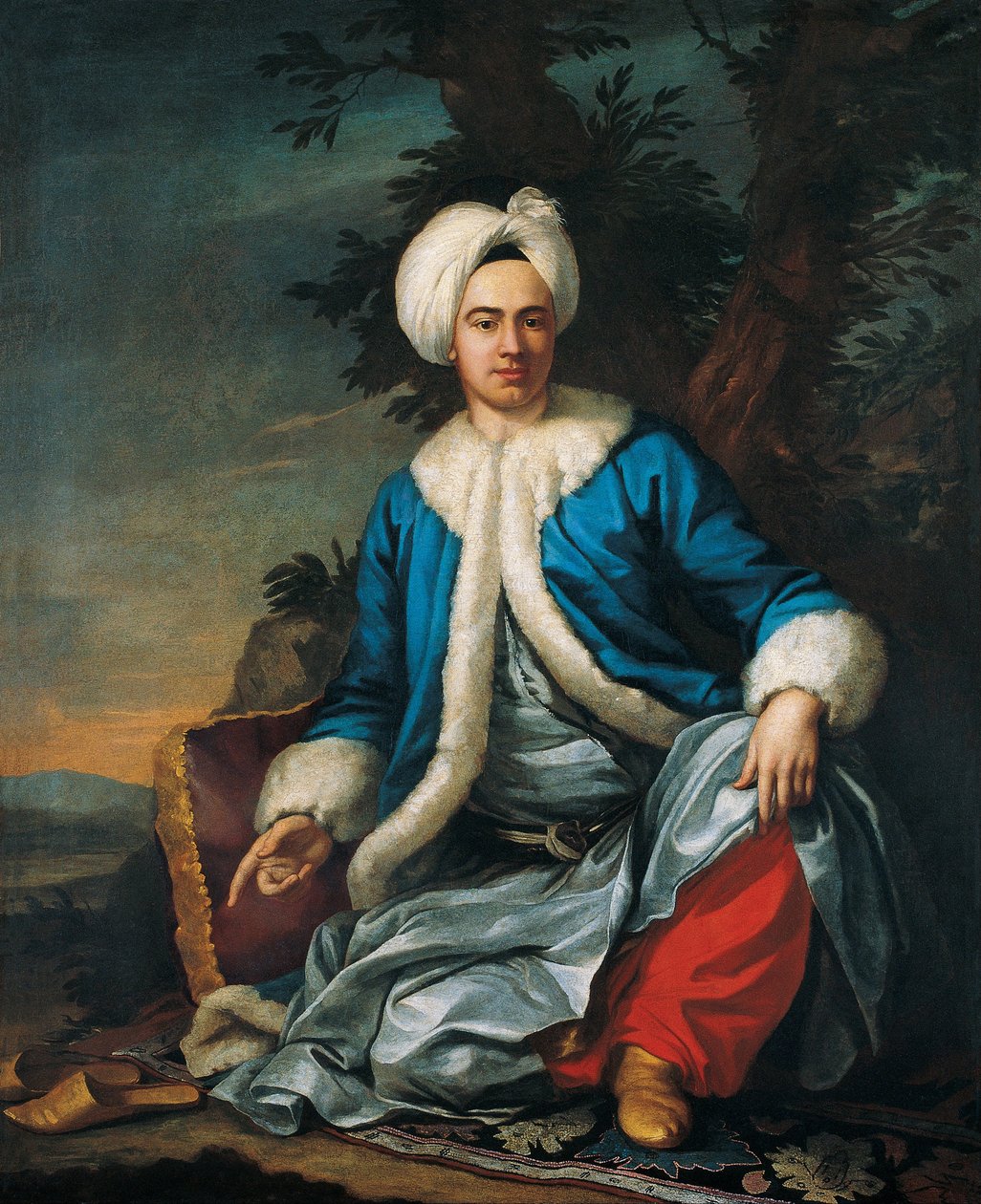 Muotokuva eurooppalaisesta turkkilaispuvussa, 1700-luvun toinen puoli. tekijältä Antoine de Favray
