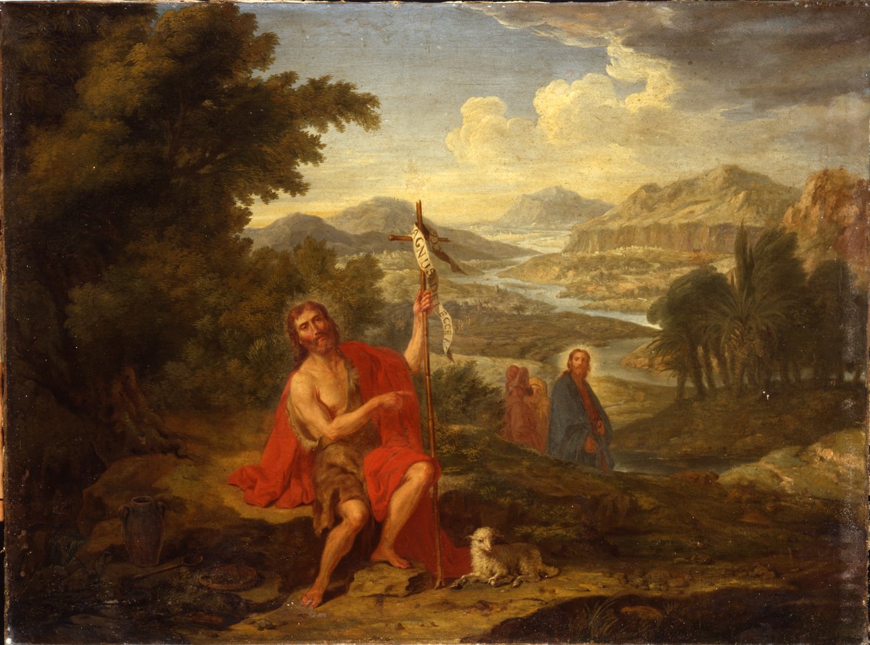 Pyhä Johannes Kastaja erämaassa, joka osoittaa Kristusta, Jordanjokea takana, 1759 tekijältä Antoine de Favray