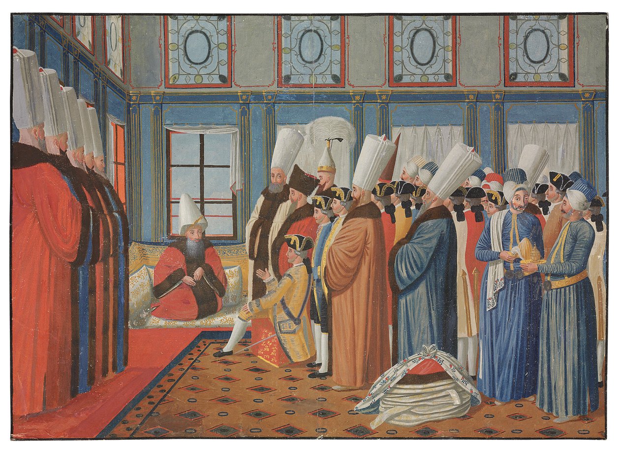 Ludvig XV:n suurlähettilään kreivi de Vergennesin esittely ottomaanisulttaanin suurvisiirille Reis Effendille "Uthman III" 31. toukokuuta 1755 tekijältä Antoine de Favray