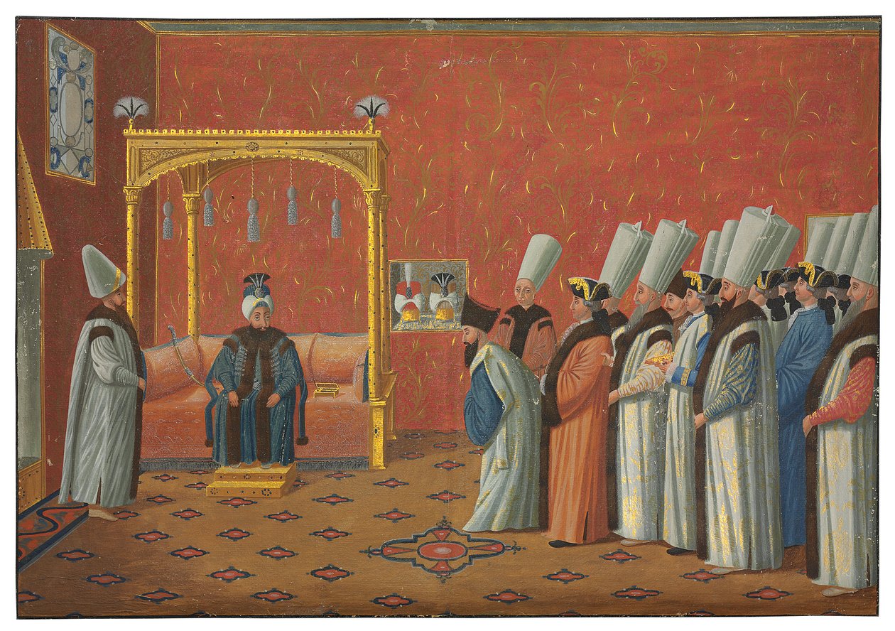 Ludvig XV:n suurlähettilään kreivi de Vergennesin esittely sulttaani "Uthman III:lle Topkapin palatsin valtaistuinsalissa 3. kesäkuuta 1755 tekijältä Antoine de Favray