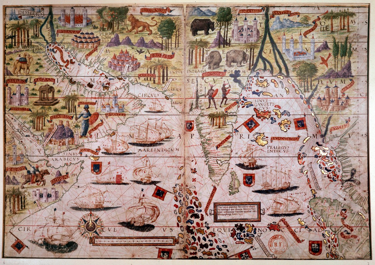 Indes Portugalin merenkulkuatlas. Pierre ja Georges Reinelin, Lopo Homemin (kartoittajat) ja Antoine de Hollanden (miniaturisti) vuonna 1519 tekemän Atlas Millerin käsikirjoituksen sivu. 16. vuosisata. Paris, B N. tekijältä Antoine de Hollande