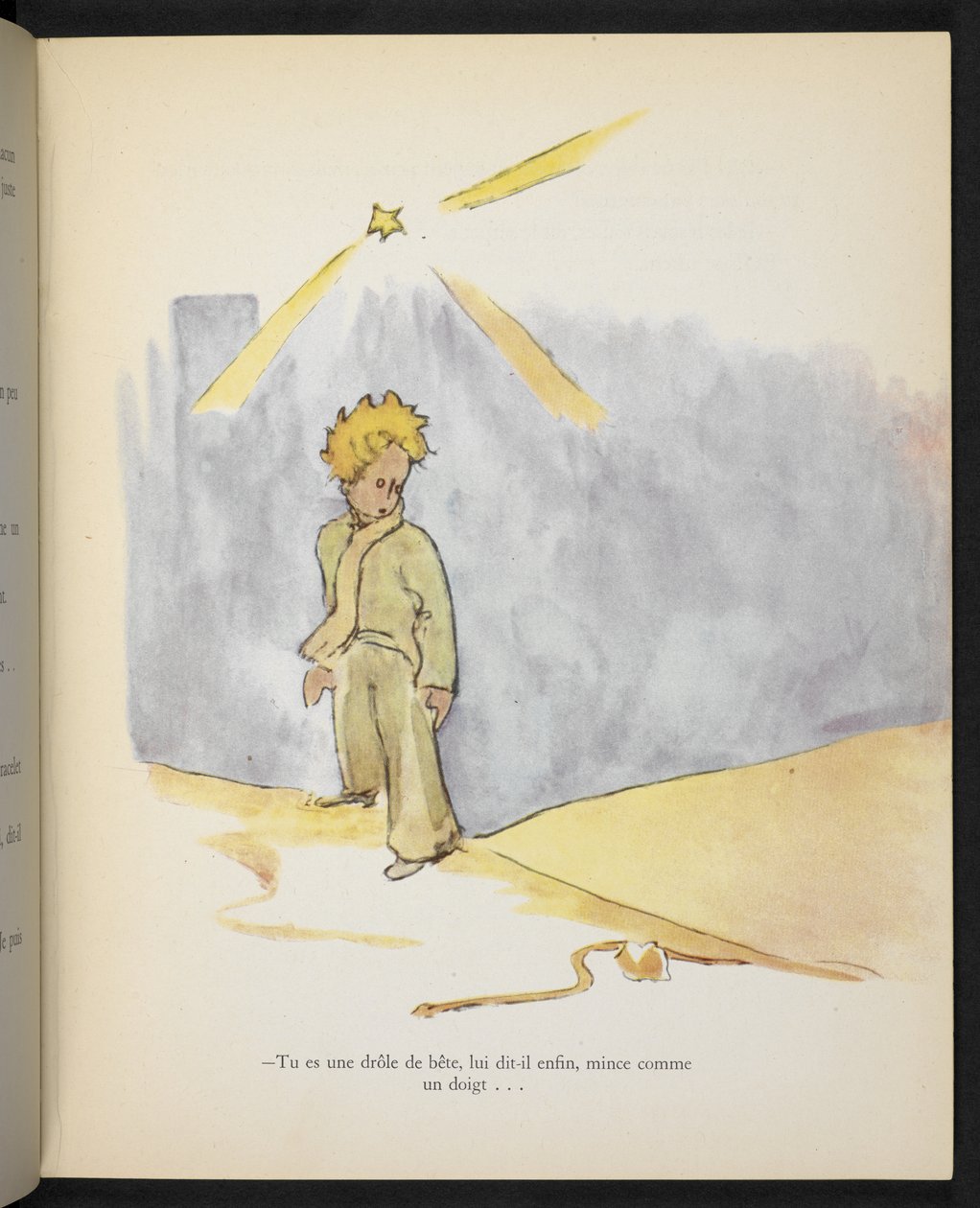 "Sinä olet hassu eläin, hän sanoi hänelle lopuksi, hoikka kuin sormi", kuvitus Antoine de Saint-Exupéryn kirjasta "Le Petit Prince". tekijältä Antoine de Saint Exupery