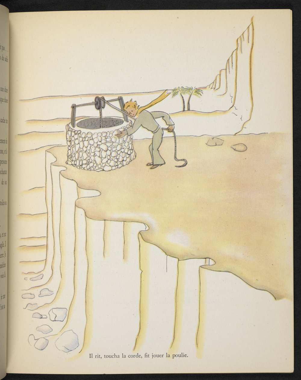 Pikku prinssi kaivon äärellä, kuvitus Antoine de Saint-Exupéryn kirjasta 