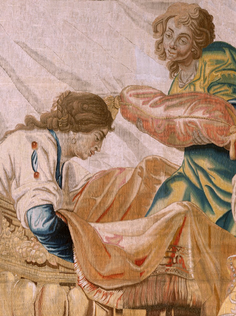 Flanderin kuvakudos. Sarjan tarina Theseuksesta. Bacchus ottaa Ariadnen vaimokseen (Baco toma a Ariadna por esposa). Sarjan yhdeksäs kuvakudos. Malli Anthonis Sallaert. Valmistus: Jan Raes the Younger, Bryssel. noin 1630.; Kangas Silkki ja villa. Koko 392x tekijältä Antoine or Anthonis Sallaert