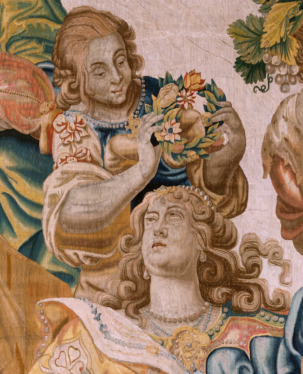 Flanderin kuvakudos. Sarjan tarina Theseuksesta. Bacchus ottaa Ariadnen vaimokseen (Baco toma a Ariadna por esposa). Sarjan yhdeksäs kuvakudos. Malli Anthonis Sallaert. Valmistus: Jan Raes the Younger, Bryssel. noin 1630.; Kangas Silkki ja villa. Koko 392x tekijältä Antoine or Anthonis Sallaert
