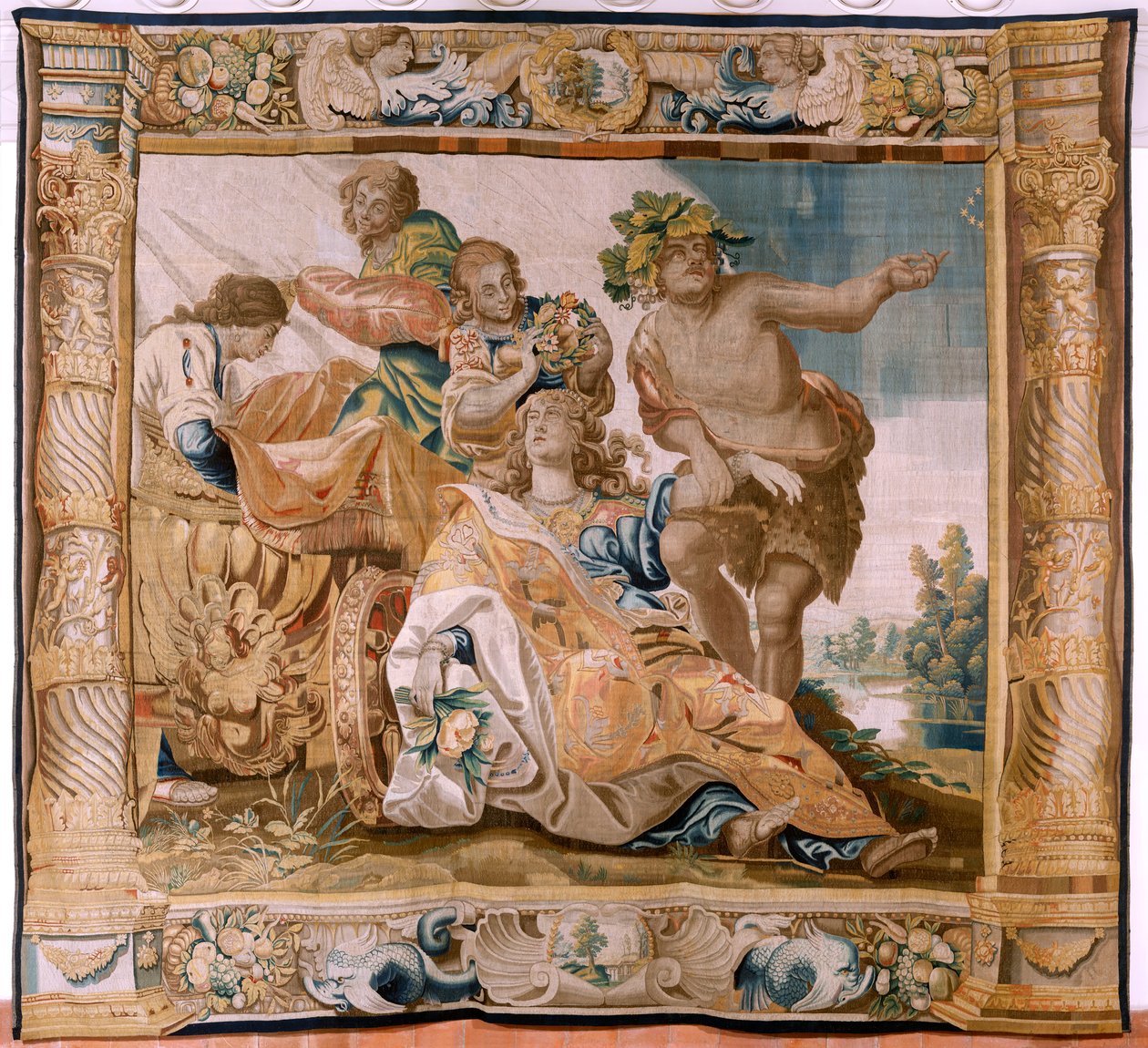 Flanderin kuvakudos. Sarjan tarina Theseuksesta. Bacchus ottaa Ariadnen vaimokseen (Baco toma a Ariadna por esposa). Sarjan yhdeksäs kuvakudos. Malli Anthonis Sallaert. Valmistus Jan Raes the Younger, Bryssel. noin 1630.; Kangas Silkki ja villa. Koko 392x4 tekijältä Antoine or Anthonis Sallaert