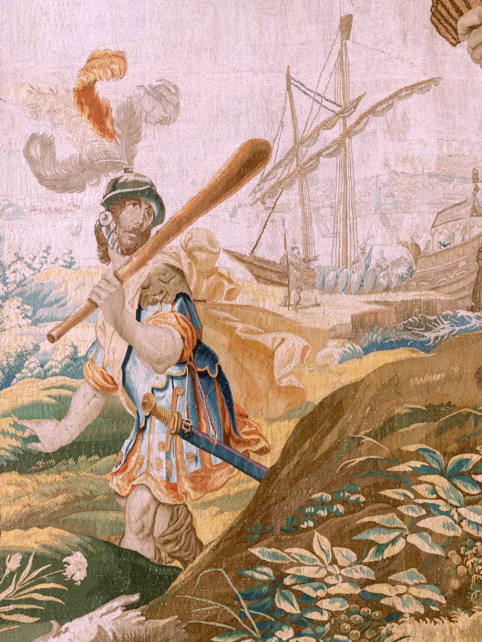 Flanderin kuvakudos. Sarjan tarina Theseuksesta. Theseus hylkää Ariadnen Naxoksen saarella (Teseo abandona a Ariadna en la Isla de Naxos). Sarjan kahdeksas kuvakudos. Malli Anthonis Sallaert. Valmistus: Jan Raes the Younger, Bryssel. Noin 1630. Kangas S tekijältä Antoine or Anthonis Sallaert