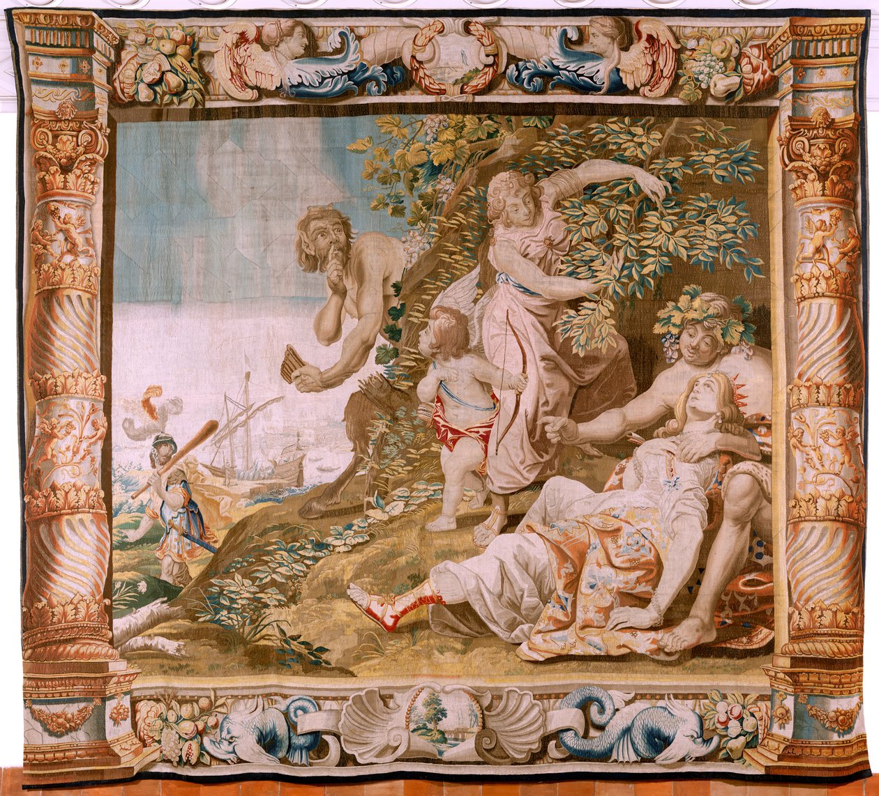 Flanderin kuvakudos. Sarjan tarina Theseuksesta. Theseus hylkää Ariadnen Naxoksen saarella (Teseo abandona a Ariadna en la Isla de Naxos). Sarjan kahdeksas kuvakudos. Malli Anthonis Sallaert. Valmistus Jan Raes the Younger, Bryssel. Noin 1630. Kangas S tekijältä Antoine or Anthonis Sallaert