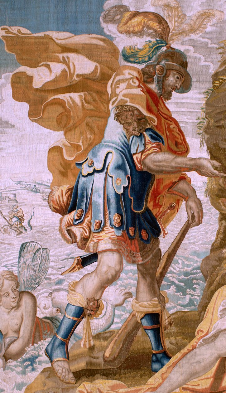 Flanderin kuvakudos. Sarjan tarina Theseuksesta. Theseus saa Minoksen sormuksen Amphitritelta (Teseo recibe de Anfítrite la sortija de Minos). Sarjan viides kuvakudos. Malli Anthonis Sallaert. Valmistus Jan Raes the Younger, Bryssel. Noin 1630. Kangas silk tekijältä Antoine or Anthonis Sallaert