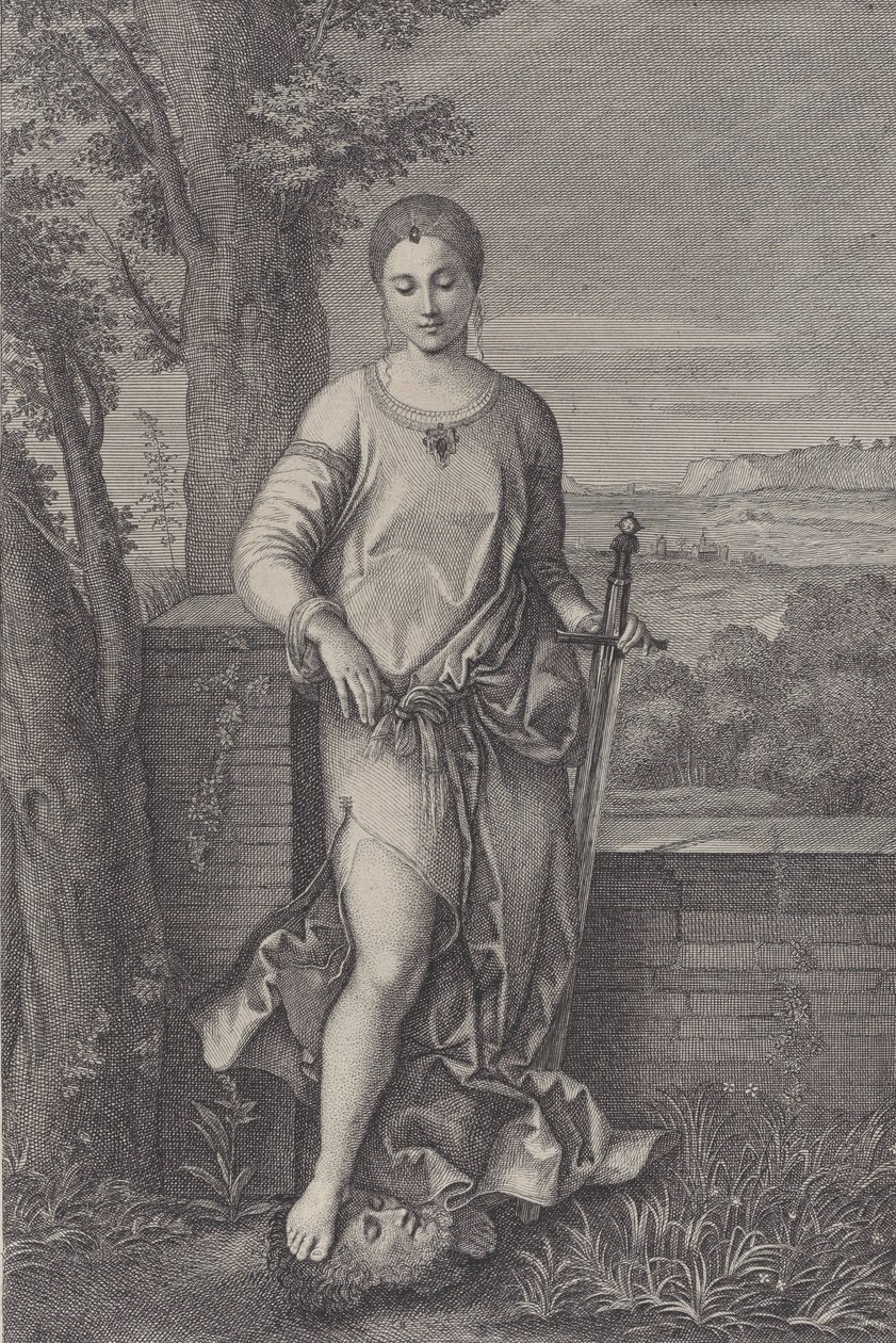 Judith seisoo jalkansa Holofernesin päässä, n. 1729. tekijältä Antoinette Larcher
