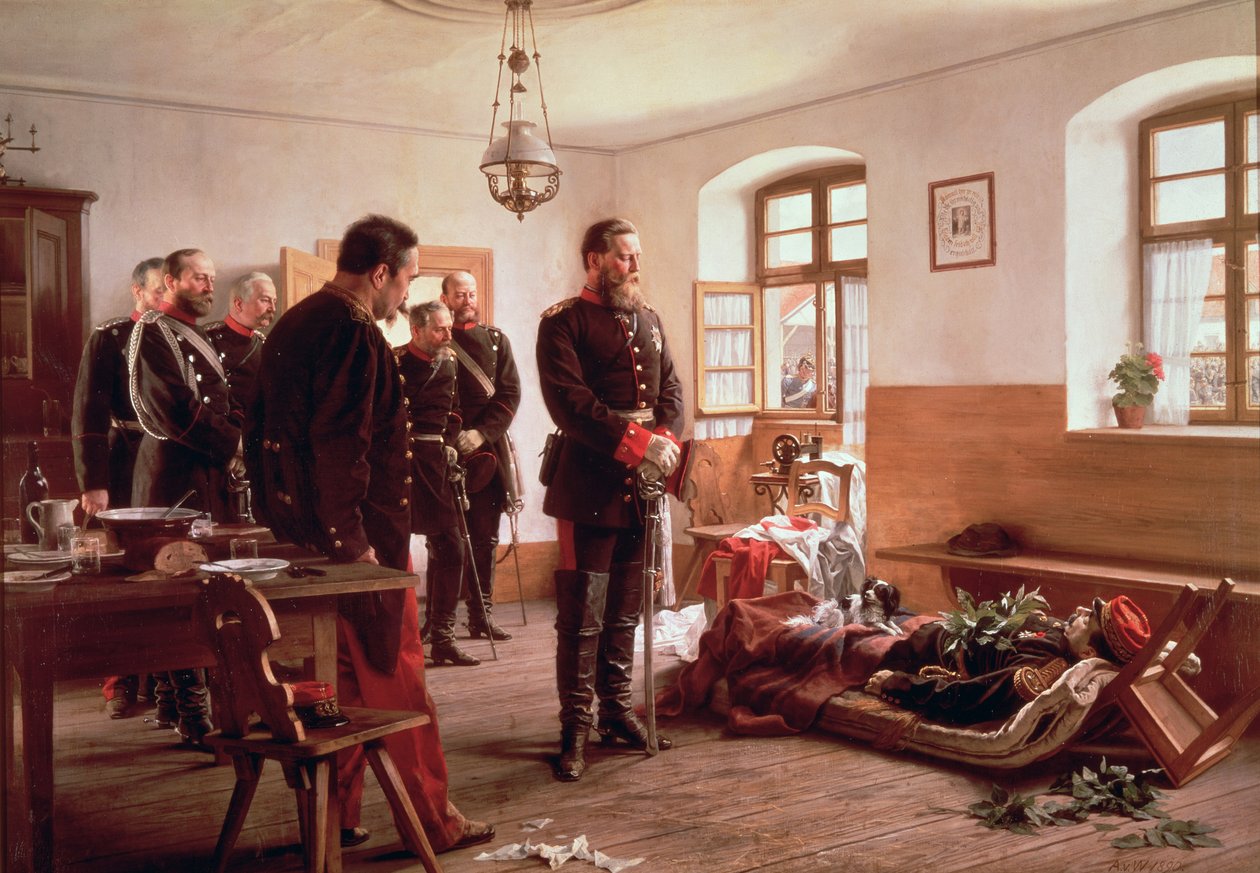 Kruununprinssi Frederick kenraali Douayn ruumiin luona Wissembourgin taistelussa, 1870 tekijältä Anton Alexander von Werner