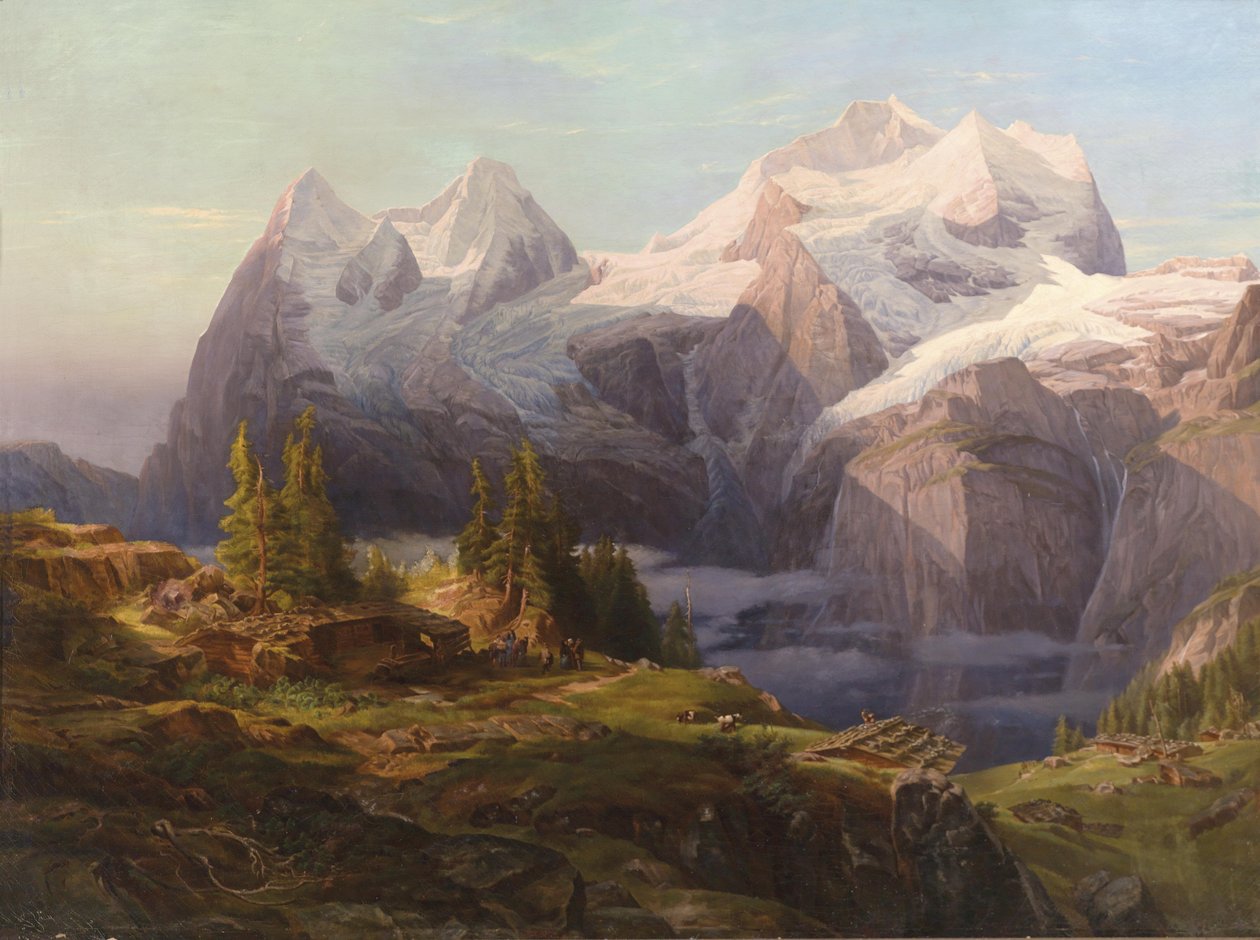 Blick in das Berner Oberland mit Mönch, Eiger und Jungfrau, im Vordergrund figürliche Staffage tekijältä Anton Hansch