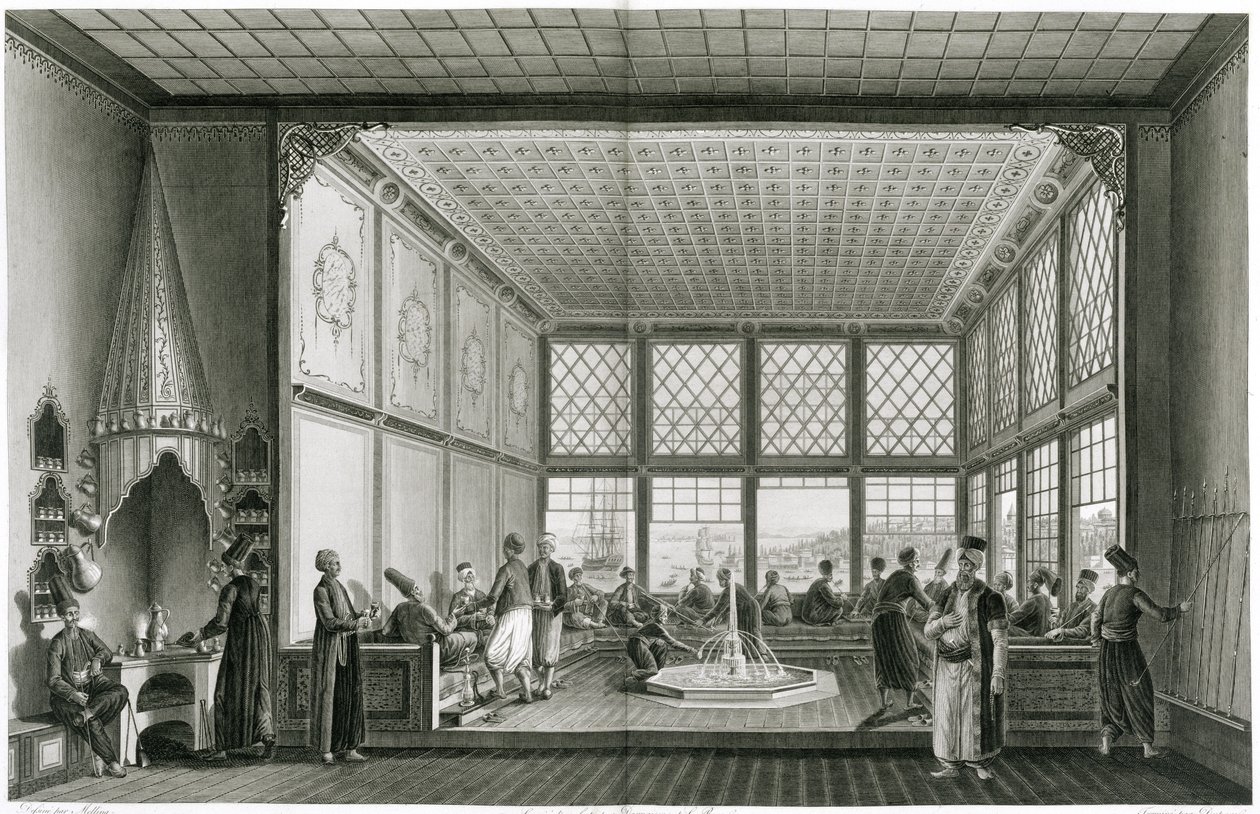 Konstantinopolin julkisen kahvilan sisätilat Bosporinsalmen rannalla, 1819 tekijältä Anton Ignaz Melling