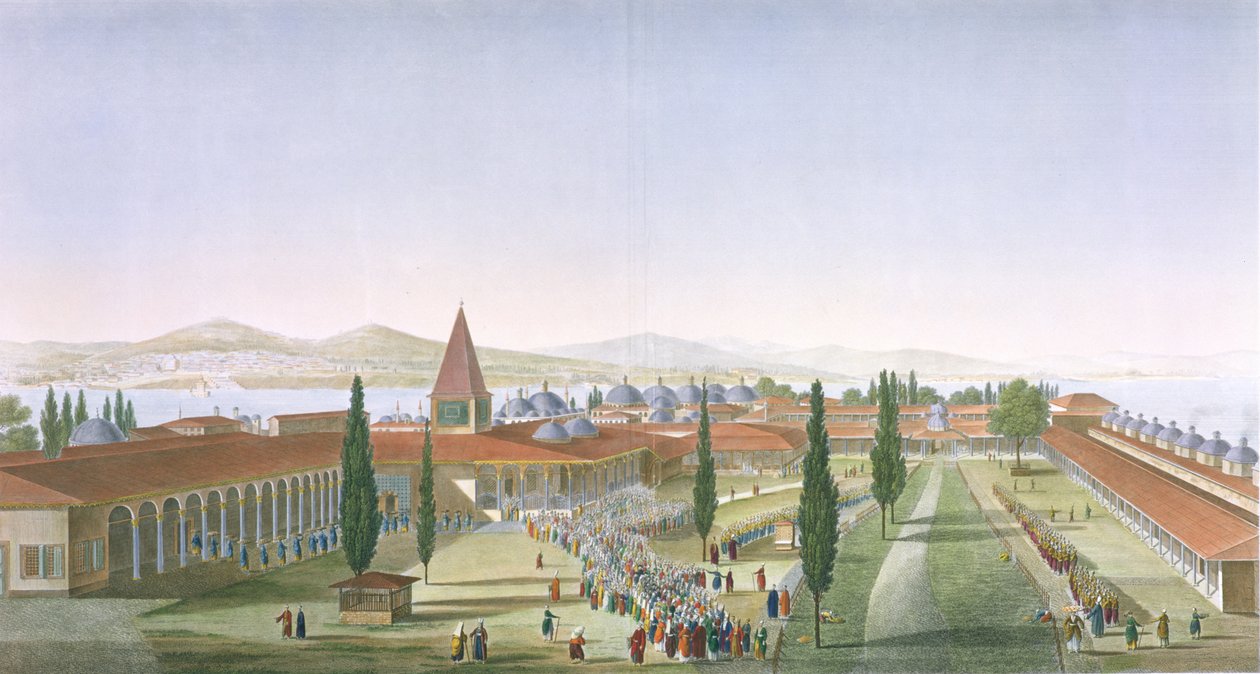 Näkymä Seraglion sisäpihalle, Topkapin palatsi, Konstantinopoli, kaiverrus Schroeder ja Desmaisons, 1815 (akvatinta) tekijältä Anton Ignaz Melling
