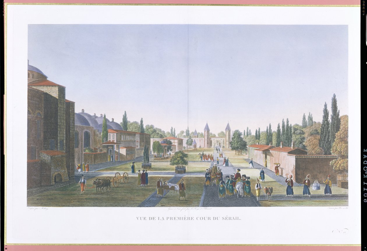 Näkymä Seraglion ulkopihalle, Topkapin palatsi, Konstantinopoli, kaiverrus Jean Nicolas Le Rouge ja Jean Baptiste Pillement, 1815 (akvatinta) tekijältä Anton Ignaz Melling