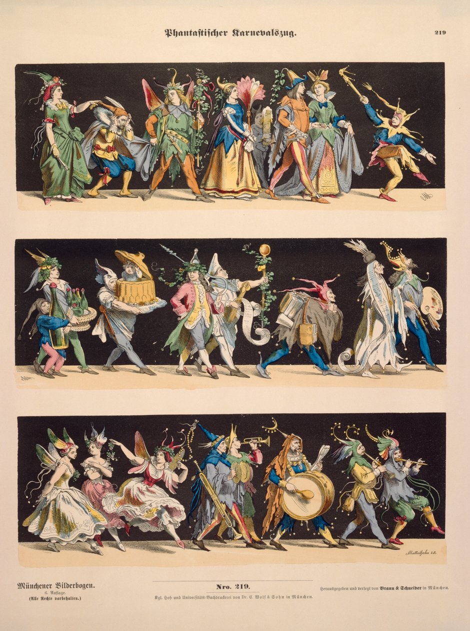Mielenkiintoinen karnevaalikulkue, Muenchener Bilderbogen, julkaisija Braun & Schneider, München, 1868 tekijältä Anton Muttenthaler