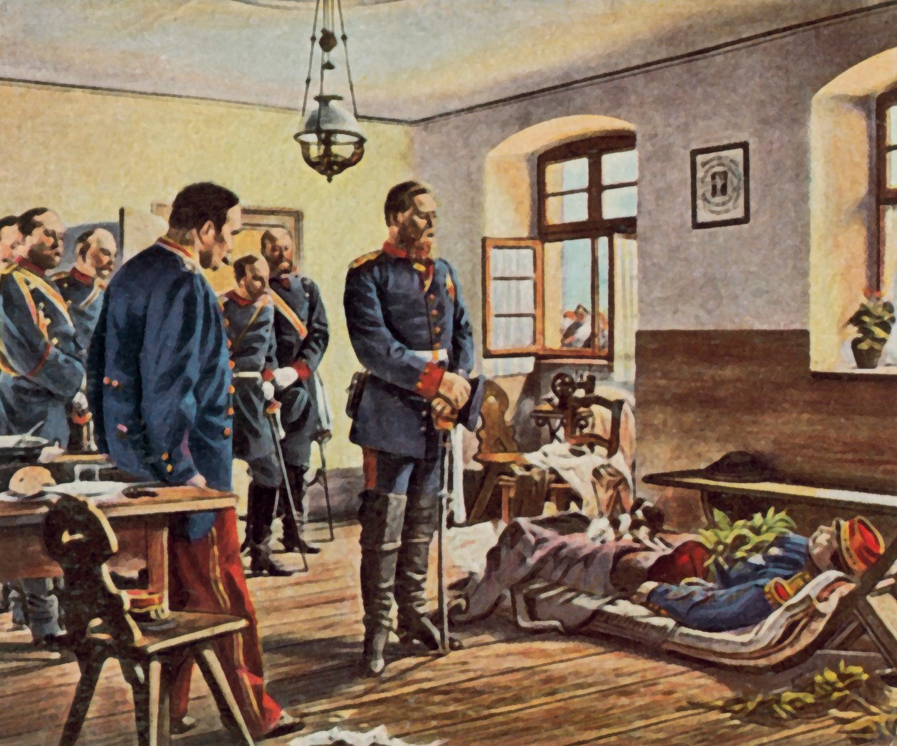 Kruununprinssi Friedrich Wilhelm kenraali Douayn ruumiin luona, 4. elokuuta 1870 (tehostettu värilitro). tekijältä Anton Alexander von (after) Werner