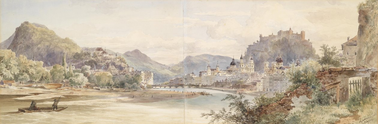 Saksa: Salzburgin kaupungin ja Hohensalzburgin linnoituksen panoraama tekijältä Anton Altmann