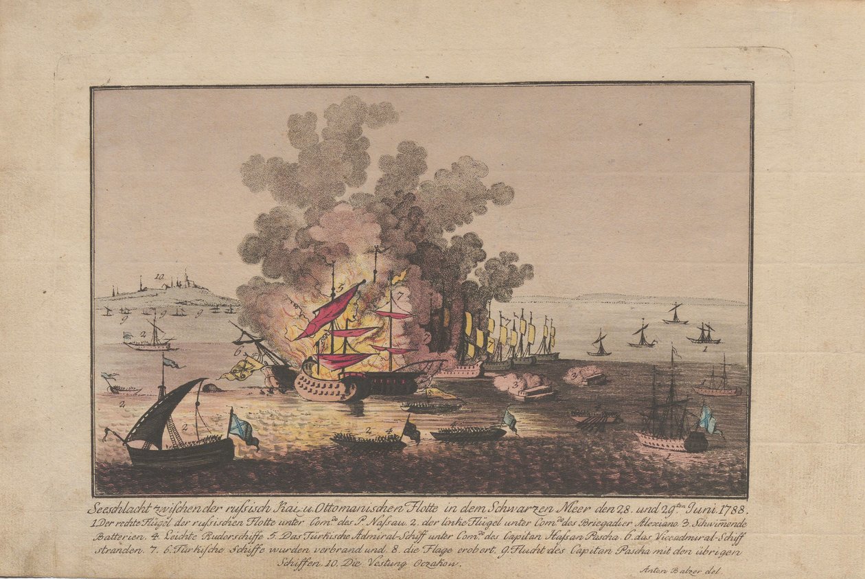 Meritaistelu Venäjän ja ottomaanien laivaston välillä Mustallamerellä 28. ja 29. kesäkuuta 1788 1788. tekijältä Anton Balzer
