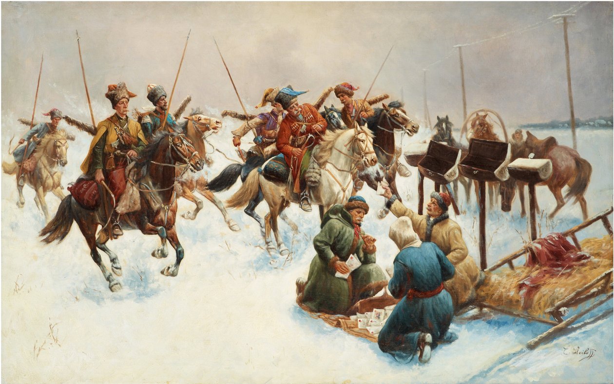 Talvimaisema kasakkojen kanssa (postitoimitus) - Adolf Baumgartner Stoiloffin (Baumgartner-Stoiloff) maalaus (1850-1924), öljy kankaalle, 82x130 cm - Yksityiskokoelma tekijältä Anton Baumgartner Stoiloff