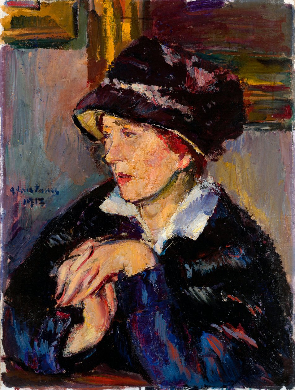 Nainen tummalla hatulla - Anton Faistauerin (1887-1930) maalaus öljy kankaalle tekijältä Anton Faistauer
