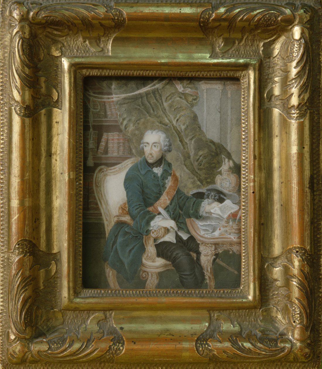 Preussin kuningas Frederick II Hohenzollern-takissaan, 1769 (akvarelli norsunluulla) tekijältä Anton Friedrich Konig