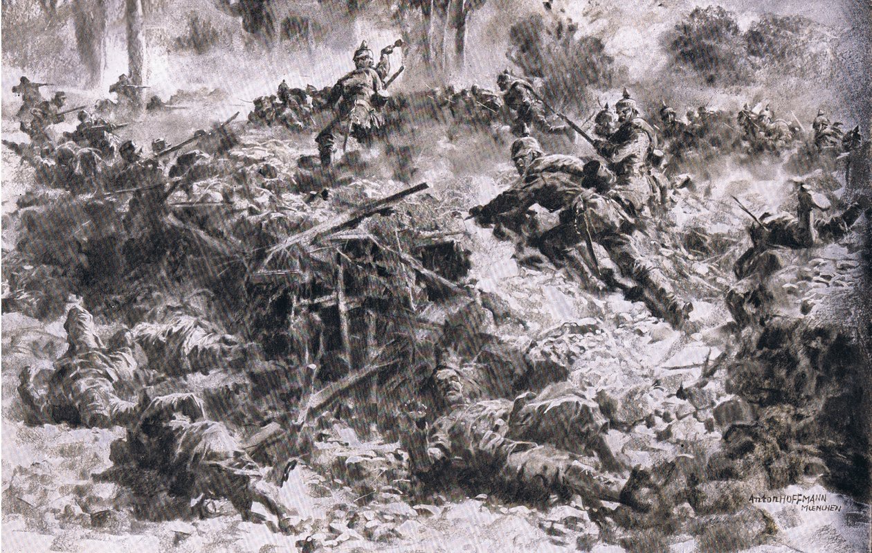 Württemberg King Grenadiers murtautumassa vihollisten sijoituksiin Argonnesissa, The Illustrated History of the World War 1914-1915 -pubista. kirjoittanut Union Berlagsefellfchaft tekijältä Anton Hoffman
