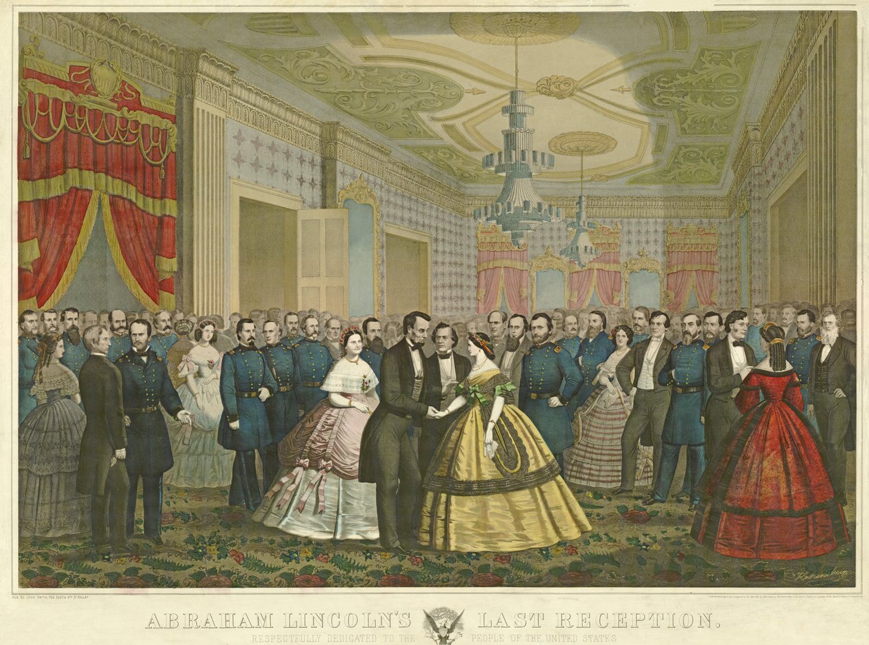 Abraham Lincolnin viimeinen vastaanotto, pubi. 1865 (käsinvärinen lito) tekijältä Anton Hohenstein