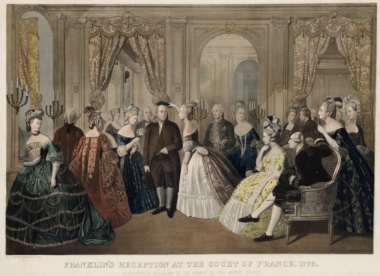 Franklinsin vastaanotto Ranskan hovissa, 1778, kunnioittavasti omistettu Yhdysvaltojen kansalle, pub. 1865 tekijältä Anton Hohenstein
