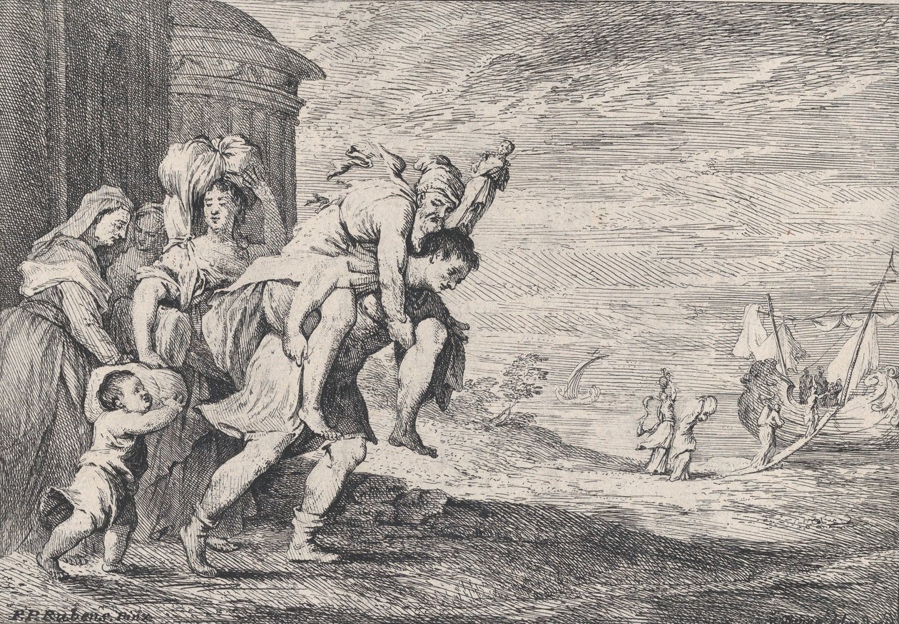 Aeneas pakenee Troijasta, kuuden hahmon ryhmä lähtee kaupungista vasemmalla, Aeneas kantoi..., 1728. tekijältä Anton Joseph von Prenner