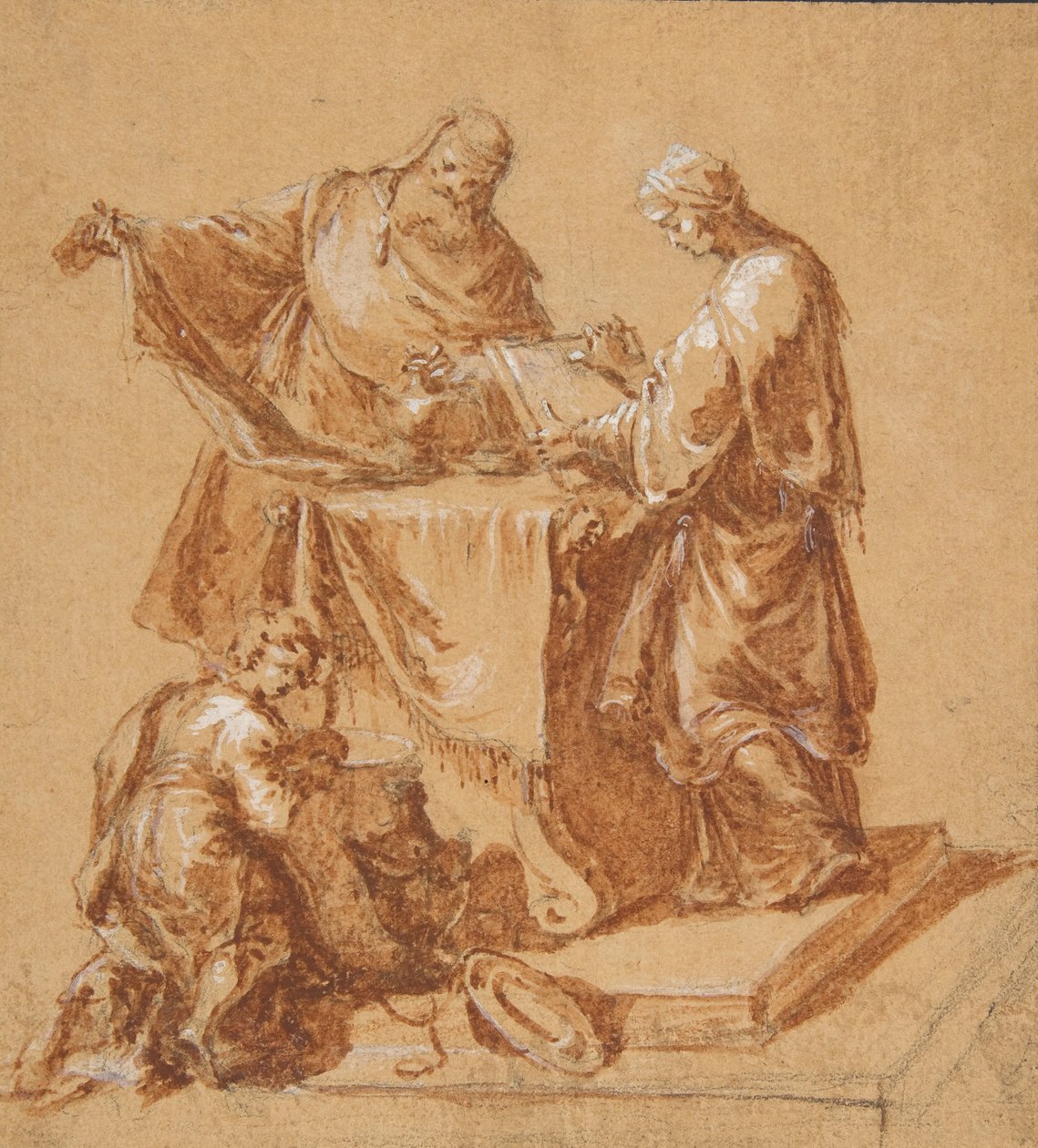 Ylipappi, profeetta Anna ja polvistuva poika pöydän ympärillä, 1745. tekijältä Anton Kern