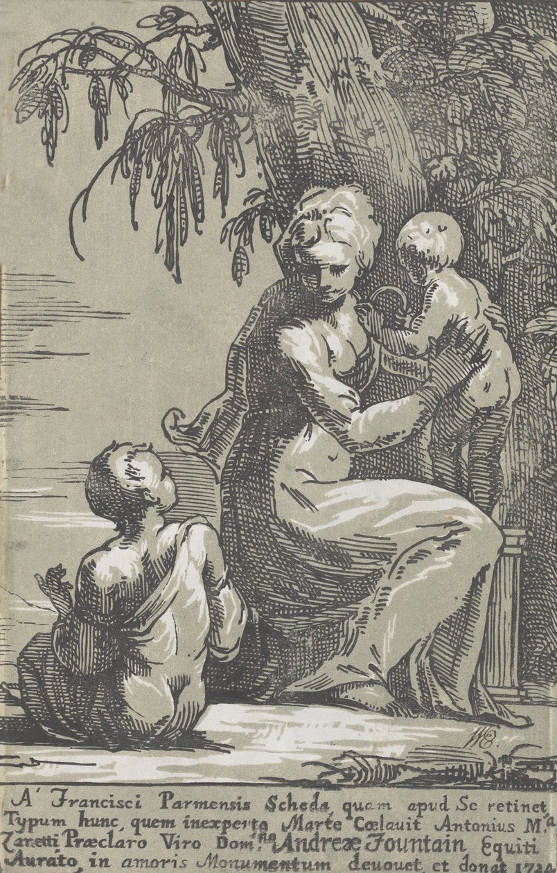 Nainen seisoo puun juurella pitelemässä vauvaa istuvan pojan kanssa, 1724. tekijältä Anton Maria Zanetti