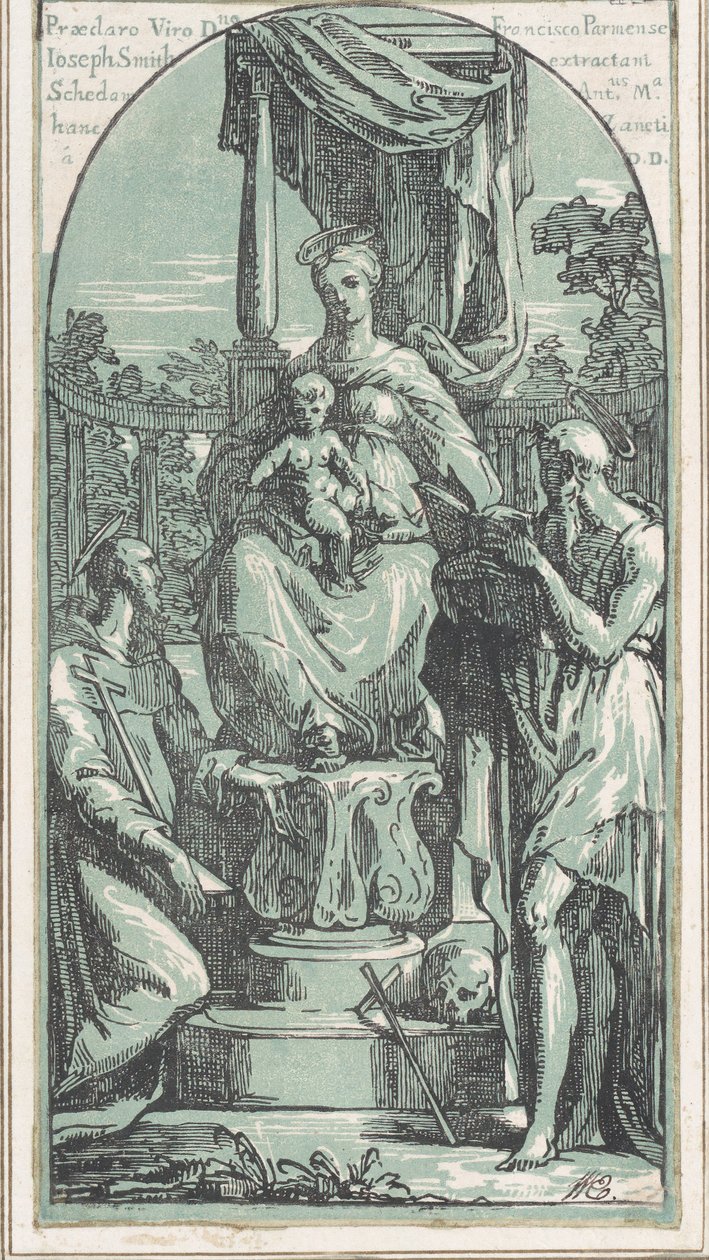 Neitsyt ja lapsi istuivat valtaistuimella, Saint Jerome alhaalla oikealla, Saint Francis..., ennen vuotta 1749. tekijältä Anton Maria Zanetti