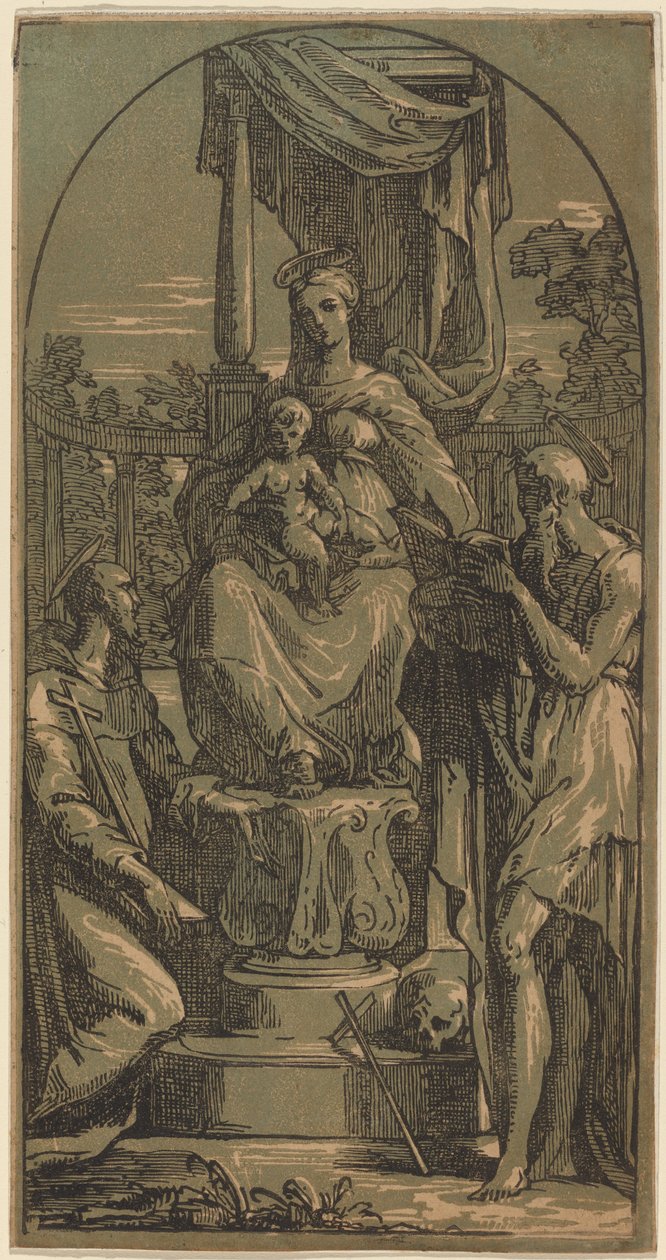 Madonna ja lapsi istuivat, Saint Jerome ja Saint Francis tekijältä Anton Maria Zanetti I, after Parmigianino