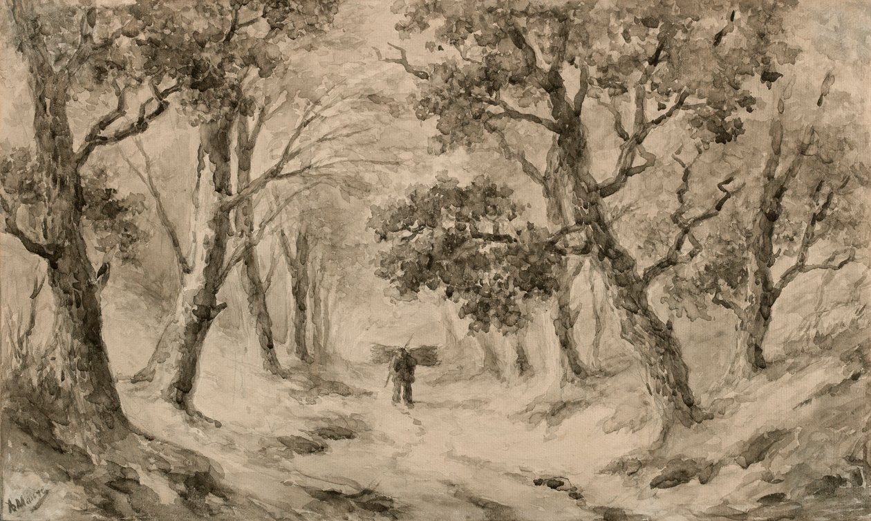 Wood Gatherer in the Forest (ruskea muste ja pesu kiillotuspaperilla) tekijältä Anton Mauve