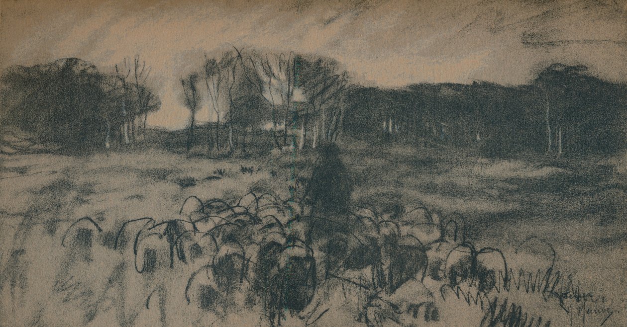 Luonnos paimenesta ja hänen laumastaan, 1800-luku tekijältä Anton Mauve