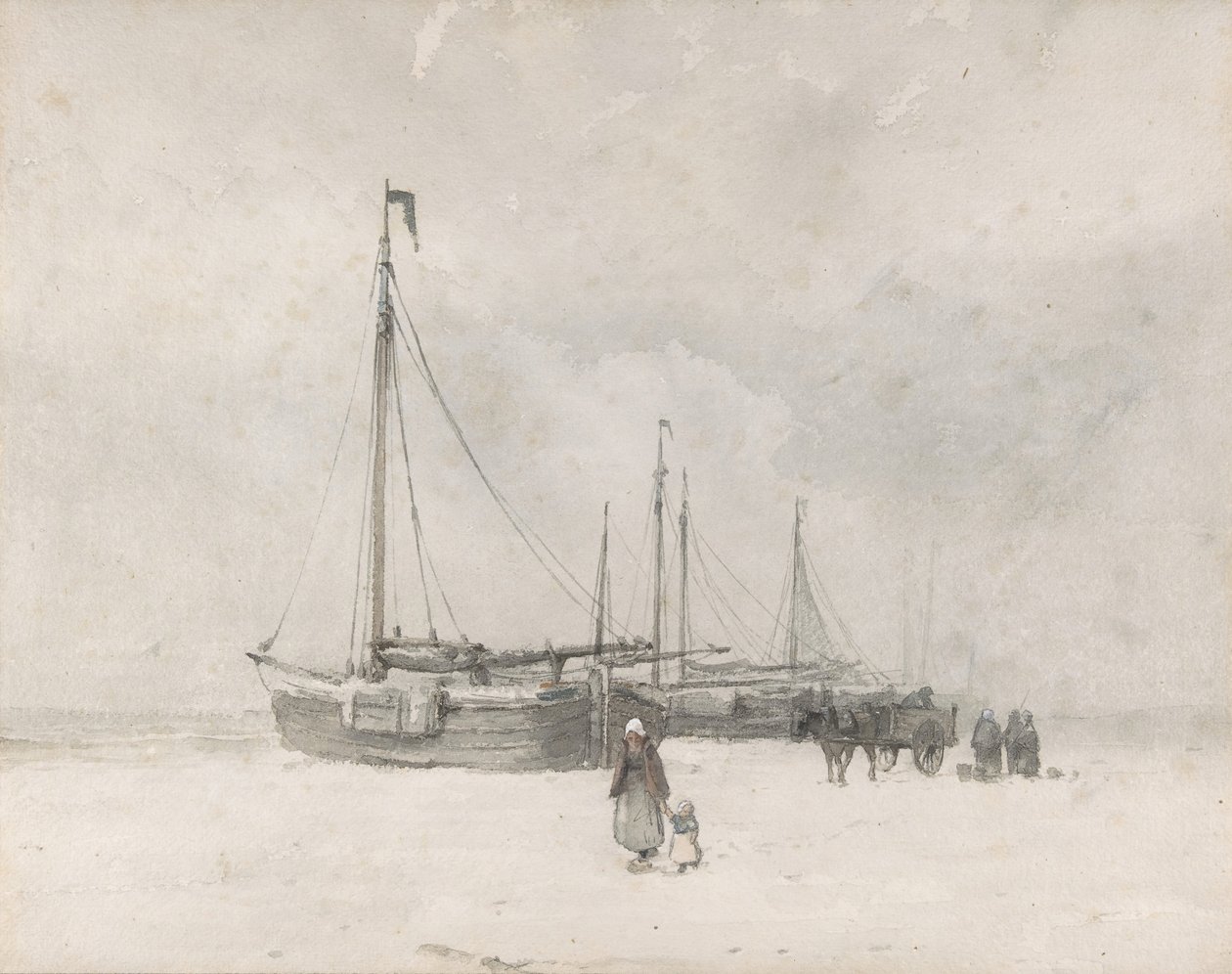 Kalastusveneet rannalla talvella, 1800-luvun puolivälistä loppupuolelle. tekijältä Anton Mauve