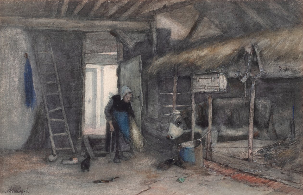Morning Chores, n. 1845-1865 (akvarelli paperille) tekijältä Anton Mauve