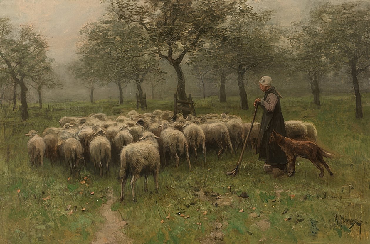 Paimentar lammaslauman kanssa. Noin 1870-88 tekijältä Anton Mauve