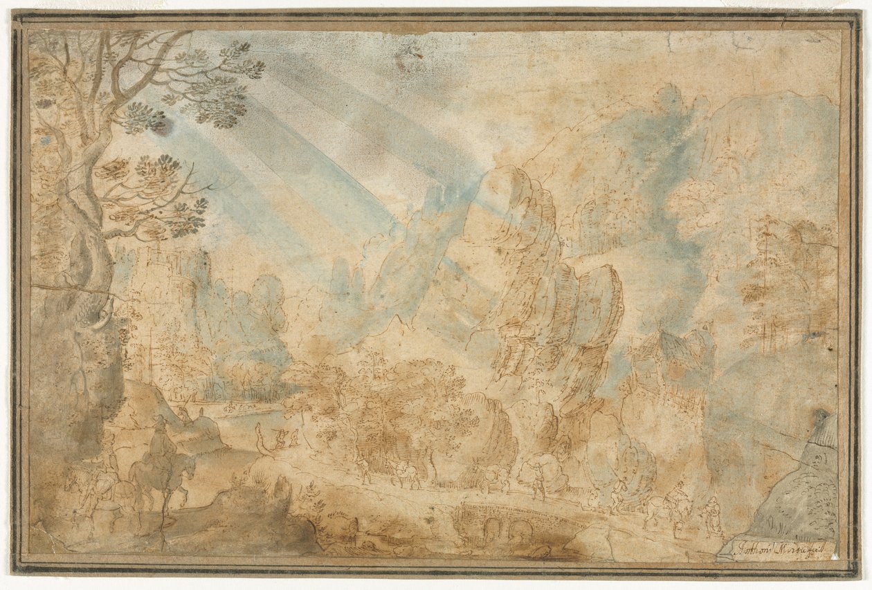 Vuoristomaisema hahmoineen, 1600-luvun ensimmäinen puolisko. tekijältä Anton Mirou