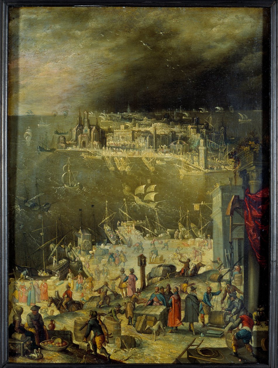 Merisataman näkymä Kaupallisen toiminnan esittely, tavaroiden purkaminen, liiketoimet sataman telakoilla. Anton Mozartille (1573-1625) kuuluva maalaus, su. 0,3x0,22 m Pariisi, Louvre-museo tekijältä Anton Mozart
