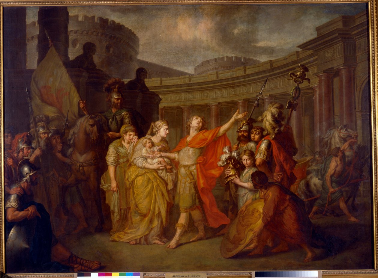 Hectorin ja Andromachen jäähyväiset: lähdössä Troijan sotaan Hector jättää vaimonsa ja poikansa Astyanaxin (Hektorin jäähyväiset Andromachelle) - Anton Pavlovich Losenkon (1737-1773) öljy kankaalle tekijältä Anton Pavlovich Losenko