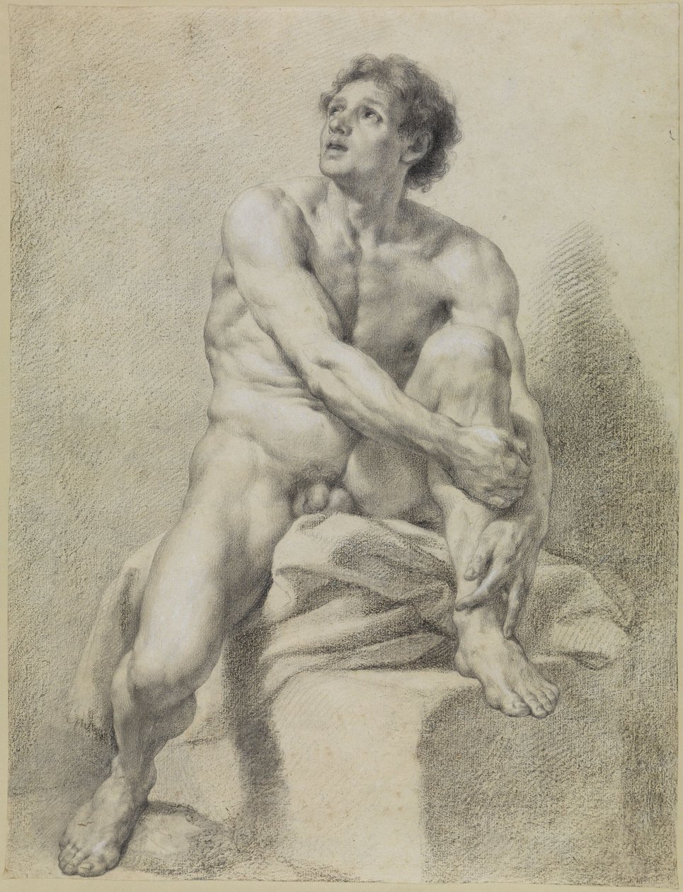 Istuva miesalaston, suunnilleen edestä katsottuna, vasen jalka ylhäällä ja molemmilla käsillä tuettuna tekijältä Anton Raphael Mengs