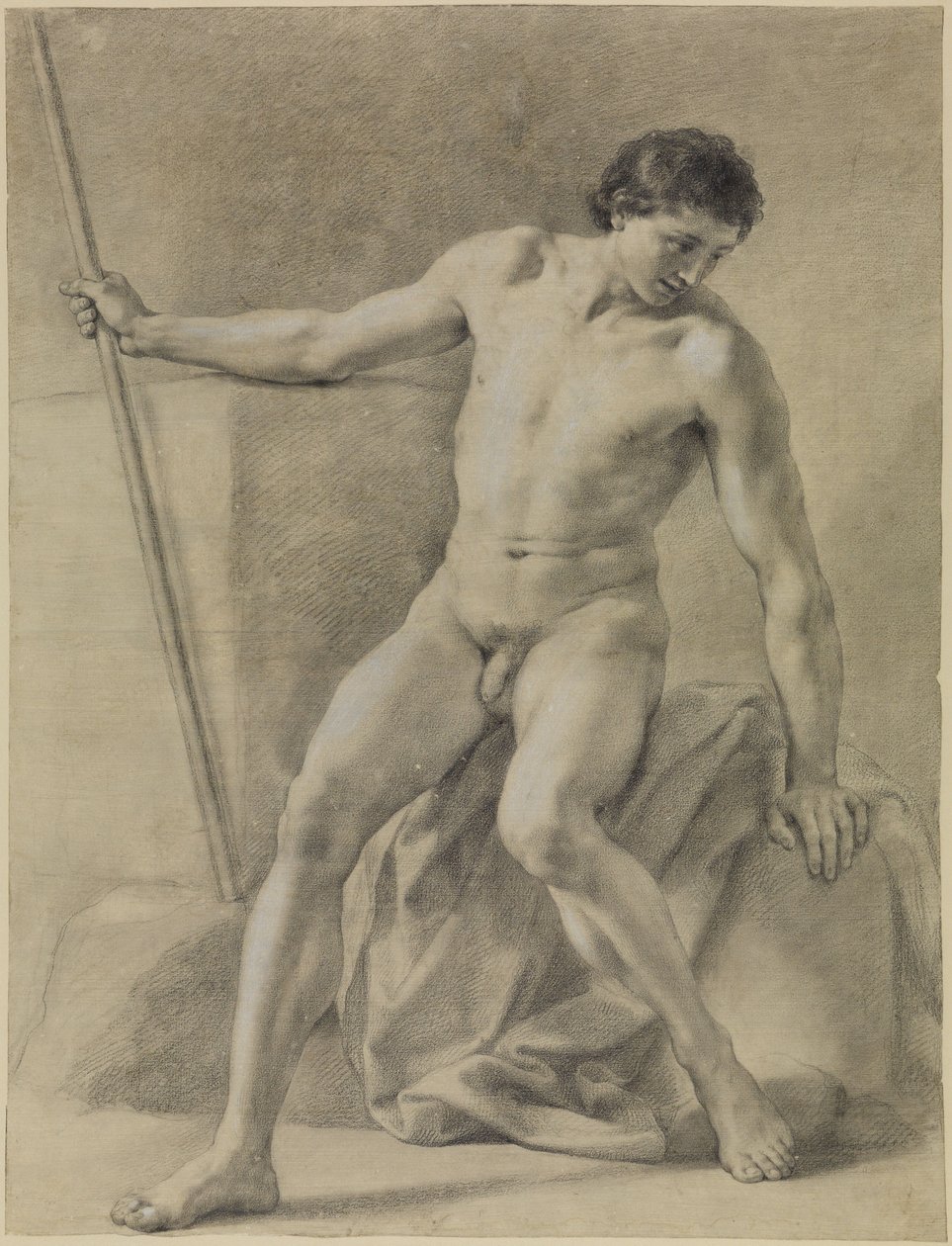 Istuva miesalaston, lähes edestäpäin, sauva oikeassa kädessä, katse alaspäin tekijältä Anton Raphael Mengs