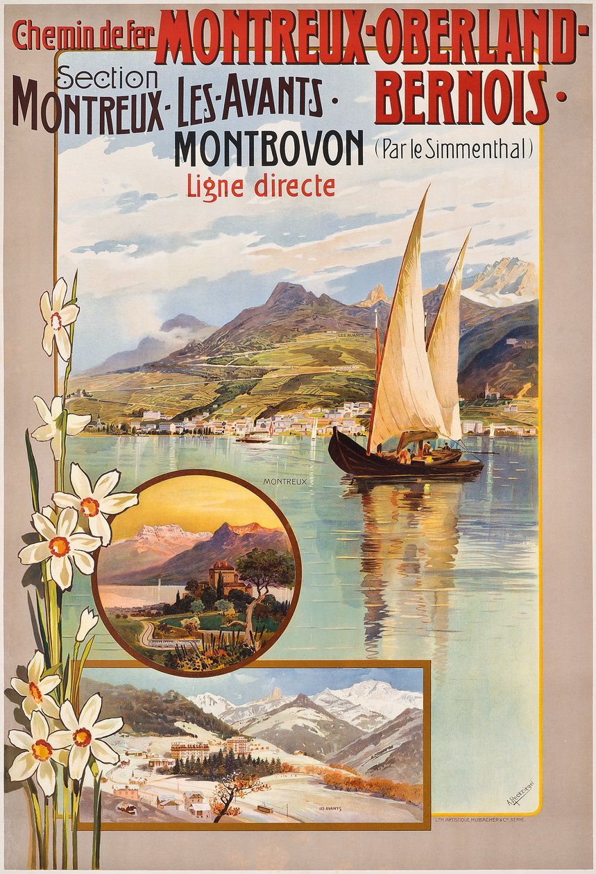 Julistemainos Montreux-Oberland-Bernois junamatkat, n. 1910 (väri litho) tekijältä Anton Reckziegel