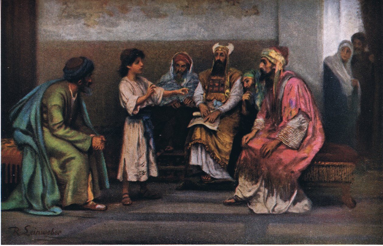 Kristus lääkäreiden kanssa temppelissä, The John Winston Companyn julkaisemasta Hulberts Story of the Bible -julkaisusta, 1932 tekijältä Anton Robert Leinweber