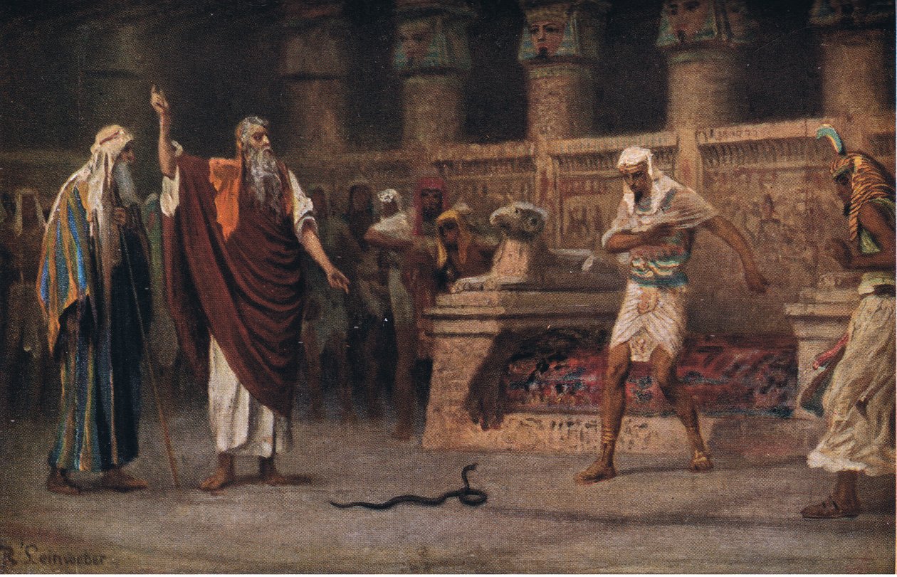 Mooses ja Aaron faraon edessä, The John Winston Companyn julkaisemasta Hulberts Story of the Bible -julkaisusta, 1932 tekijältä Anton Robert Leinweber