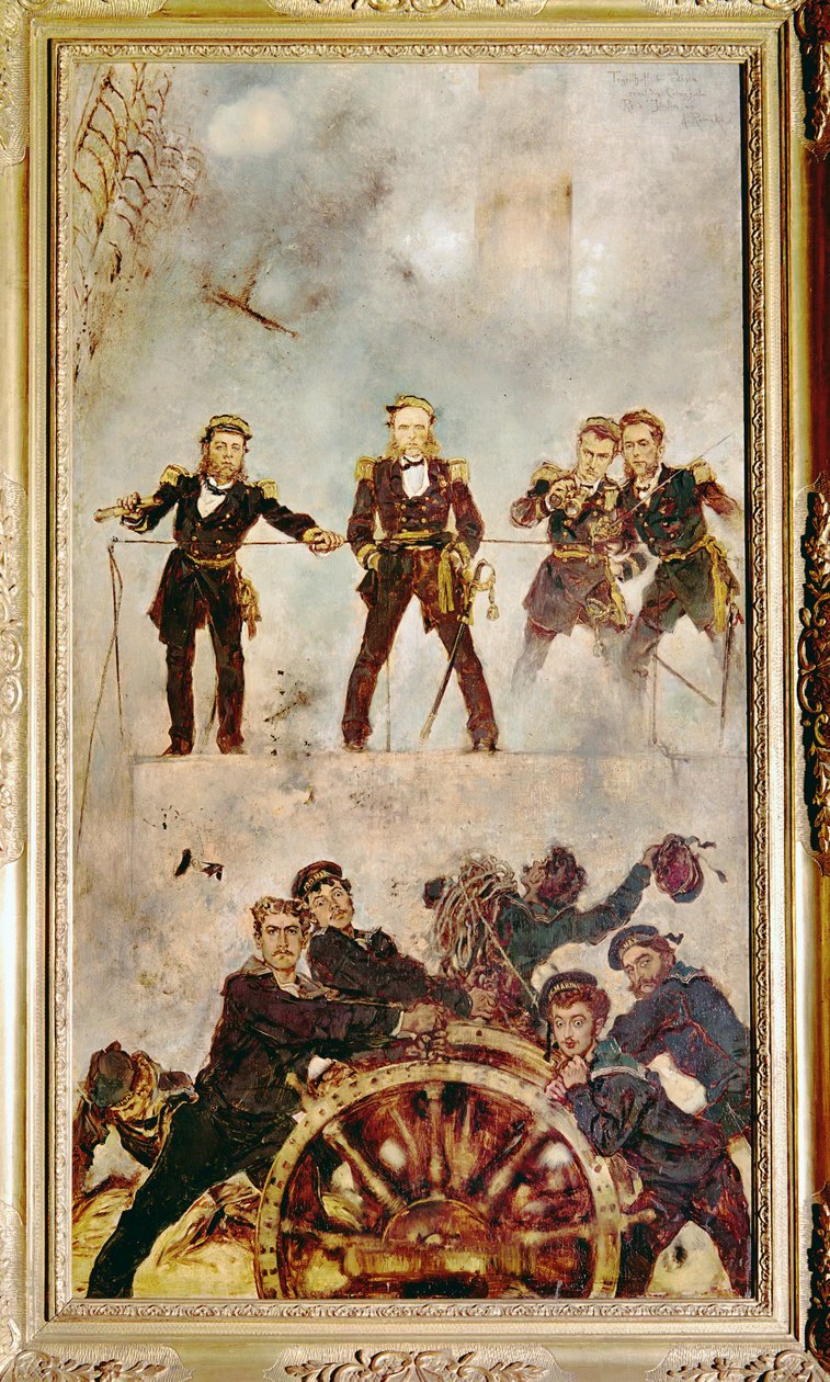 Amiraali Wilhelm Tegethoff SMS Archduke Ferdinand Maxin komentosillalla Lissan taistelussa Italian laivastoa vastaan ... (maalaus kankaalle). tekijältä Anton Romako